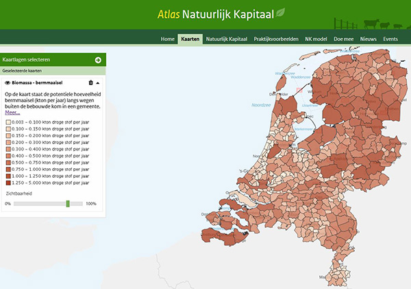 Kaart Biomassa Bermmaaisel: potentiële hoeveelheid bermmaaisel (kton per jaar) langs wegen buiten de bebouwde kom in een gemeente