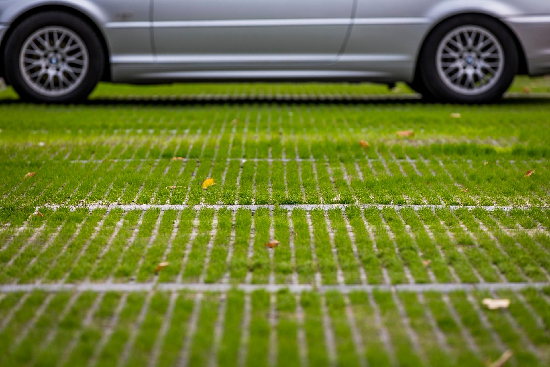 Parkeerplaats met op de achtergrond een auto. De parkeerplaats is met gras begroeid doordat de verharding deels open isn 