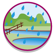 Pictogram van waterberging. regen druppels die in vijvers vallen