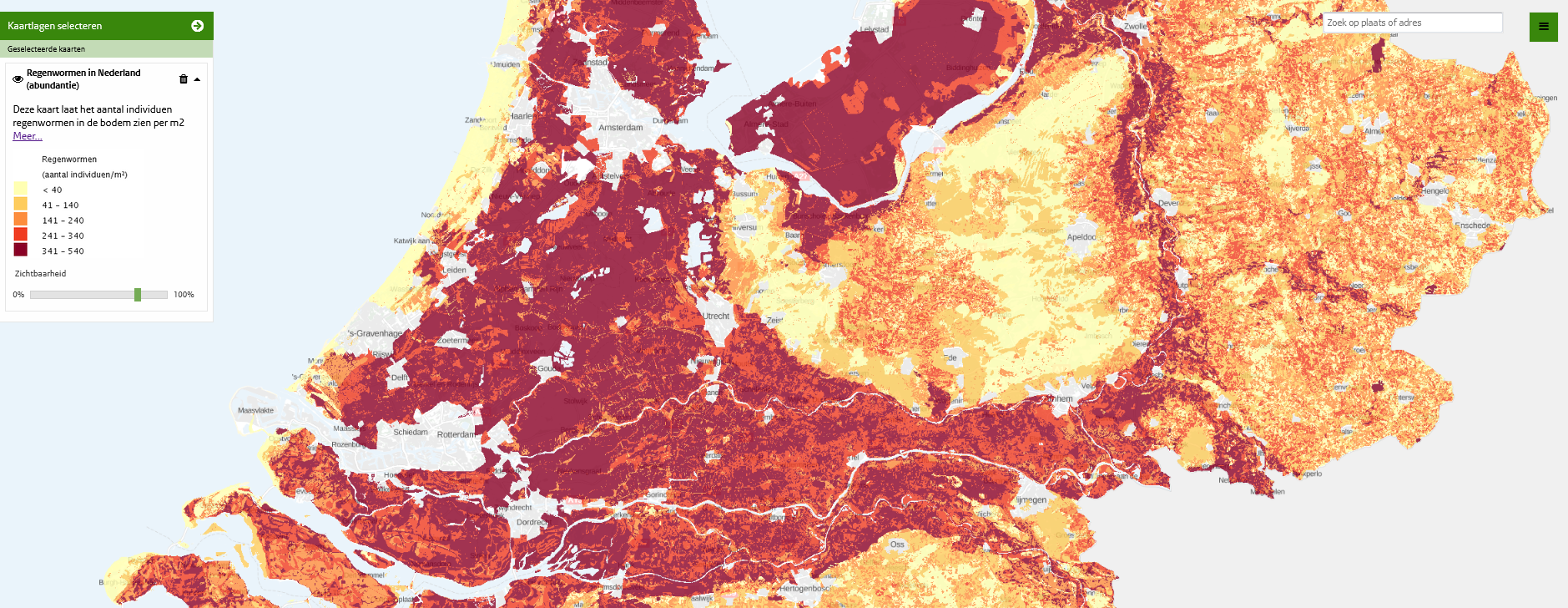 Kaart van de geschatte regenwormdichtheid per m2