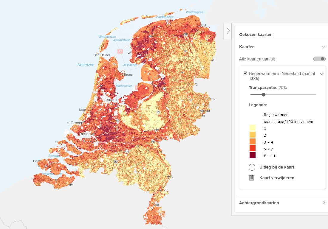 Aantal soorten regenwormen per 100 individuen in Nederland