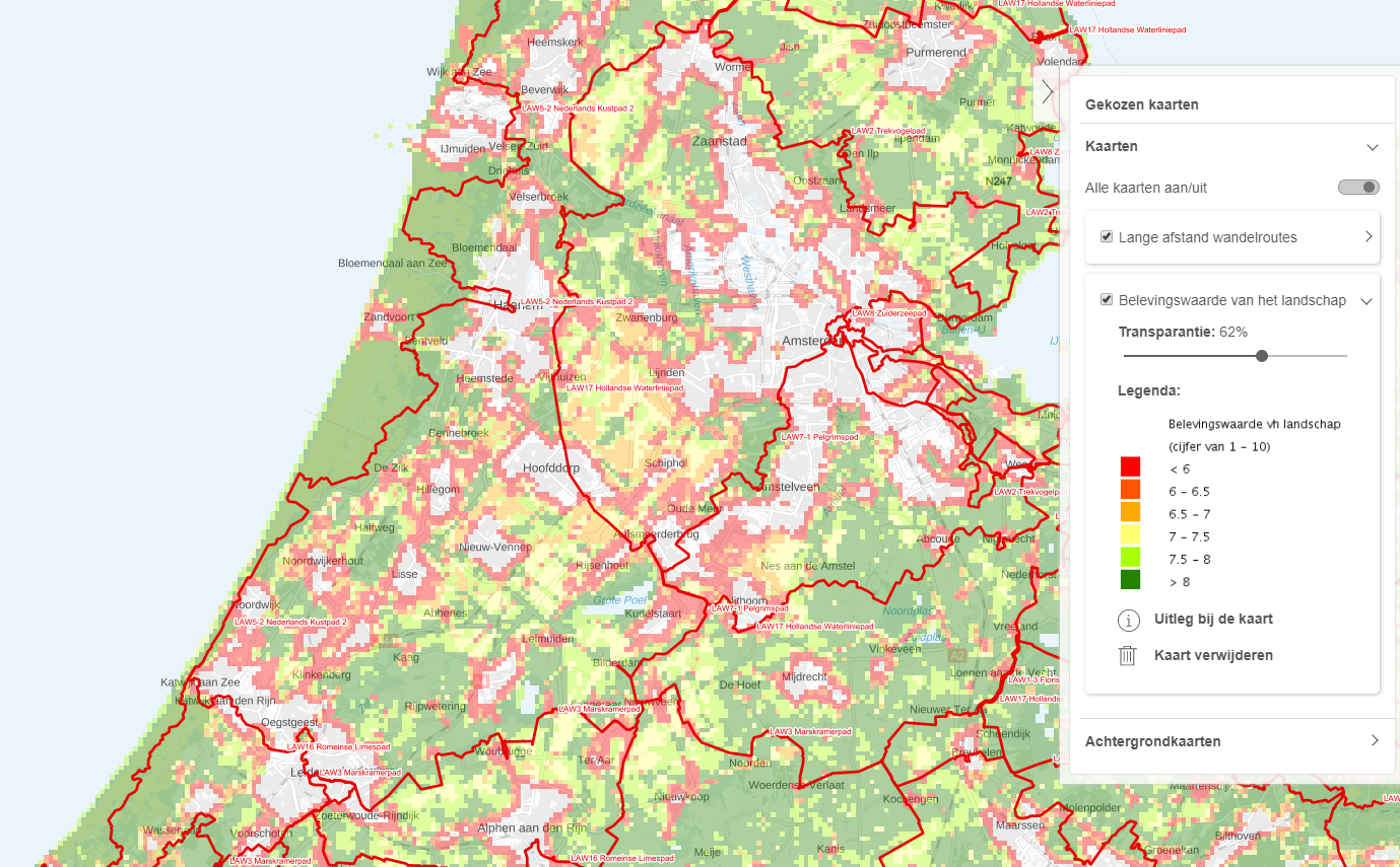 Kaart Belevingswaarde van het landschap tussen Bloemendaal aan Zee en Noordwijk (rode tot groene kleuren) en de landelijke wandelroutes (rode lijnen)