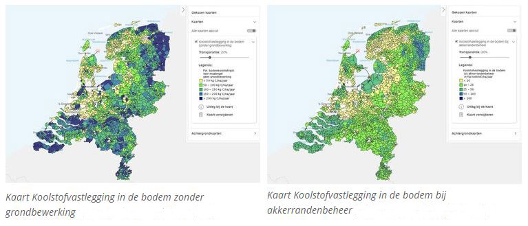 Kaarten Koolstofvastlegging in de bodem zonder grondbewerking en bij akkerrandenbeheer