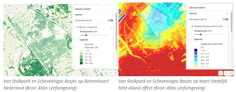 Haagse wijk Van Stolkpark en Scheveningse bosjes op kaart Bomen in Nederland en kaart Stedelijk hitte-eiland