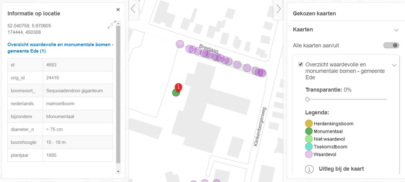 Kaart Waardevolle en monumentale bomen gemeente Ede