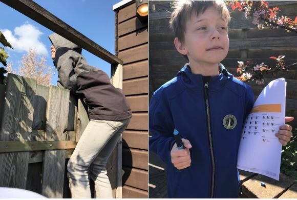 Zoon Finn (links) op zoek naar bijen in 2021 en zoon Sem (rechts) vorig jaar. Bron foto: Foto-archief Dieneke Schram-Bijkerk