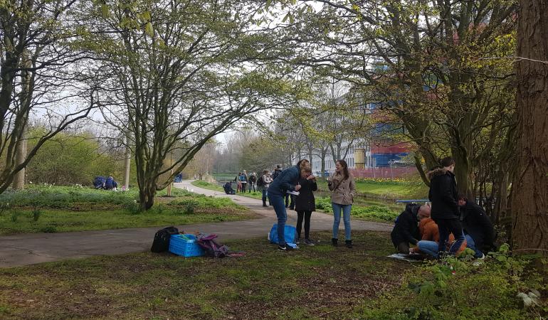 Mensen in een groene omgeving zijn bezig met de bodem onderzoeken