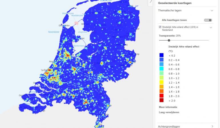 Kaart Stedelijk hitte-eiland effect in Nederland