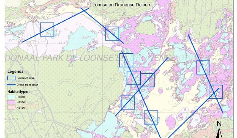 kaart van de Loonse en Drunense duinen met de vlakken die met remote sensing gefotografeerd zijn