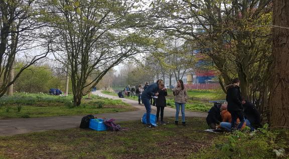 Mensen in een groene omgeving zijn bezig met de bodem onderzoeken