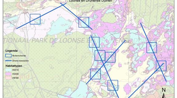 kaart van de Loonse en Drunense duinen met de vlakken die met remote sensing gefotografeerd zijn