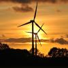 Windmolens in schemerlicht met op de voorgrond bomen en op de achtergrond ondergaande zon